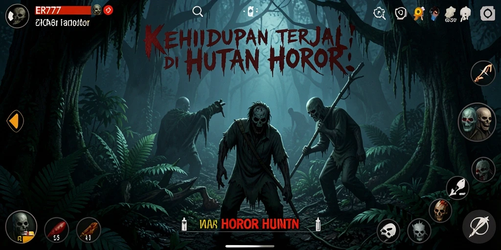 Tampilan antarmuka menegangkan dari game horor ER777 di tengah hutan angker.