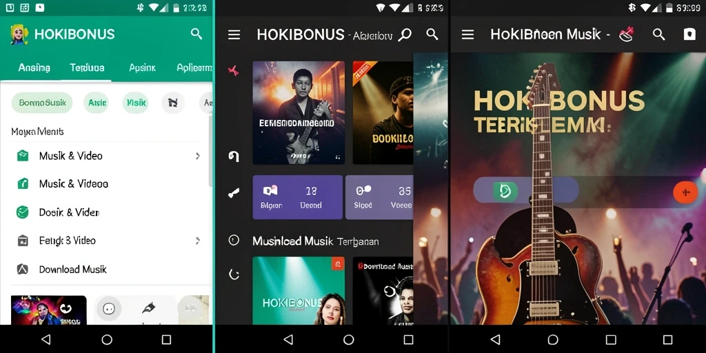Antarmuka HOKIBONUS menampilkan berbagai pilihan lagu untuk diunduh.